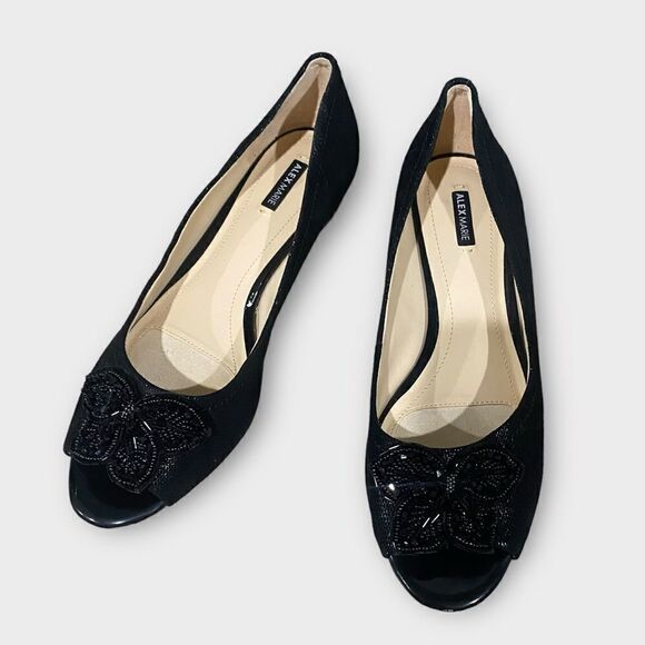 Alex Marie Black Leather Embellished Beaded Wedge Flats Size 9 - Picture 2 of 9